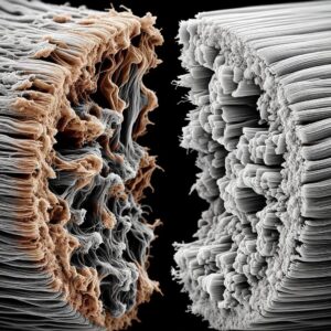 Close Up Of Two Bundles Of Frayed Wires, One With A Brownish Tint On The Left And Another With A Grayish Tint On The Right, Both Against A Black Background.
