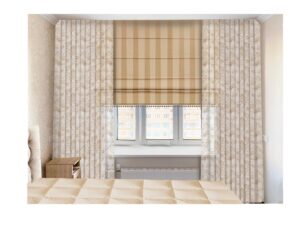 A Bedroom Window With Striped Roman Shades And Floral Patterned Curtains. A Beige Quilted Bedspread Is Visible In The Foreground.