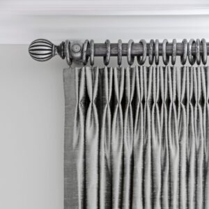 Gray Pleated Curtains Hanging From A Decorative Metal Rod With A Spherical Finial, Against A Light Colored Wall.