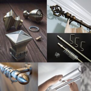 A Collage Of Curtain Rod Components, Showcasing Finials, Brackets, Rings, And Decorative Rods In Various Metallic Finishes And Designs.