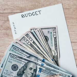 A Stack Of Hundred Dollar Bills Lies On Top Of A Paper Labeled "budget" With A Numbered List On A Wooden Surface.