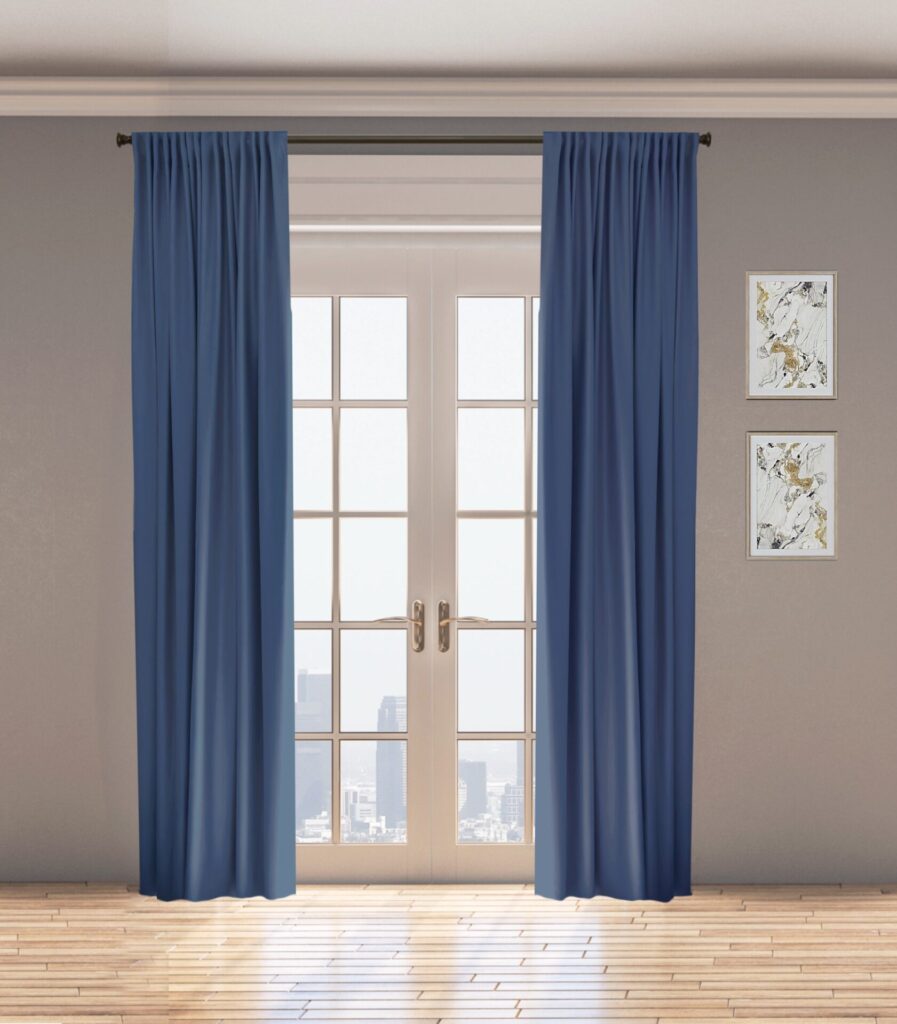 Large French Doors With Blue Curtains In A Well Lit Room. Two Framed Abstract Art Pieces Hang On The Light Gray Wall. Light Wood Flooring Leads To A View Of The Cityscape Outside.