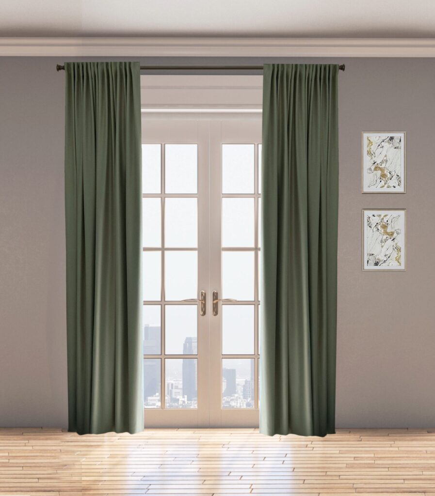 Green Curtains Hang Over A Pair Of Glass Doors In A Room With Wooden Flooring And Two Framed Abstract Artworks On The Wall.