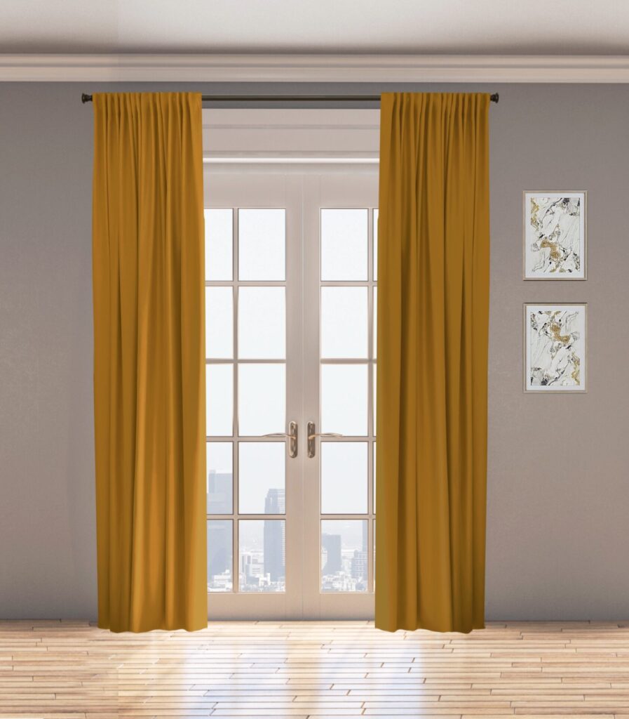 Mustard brown curtains over glass doors.