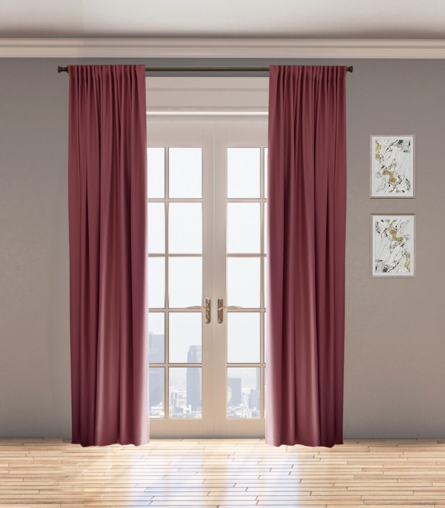 Room With Large Glass French Doors, Flanked By Burgundy Curtains On A Curtain Rod. Two Abstract Paintings Hang On A Grey Wall. Sunlight Streams Through, Showing A Cityscape Outside.