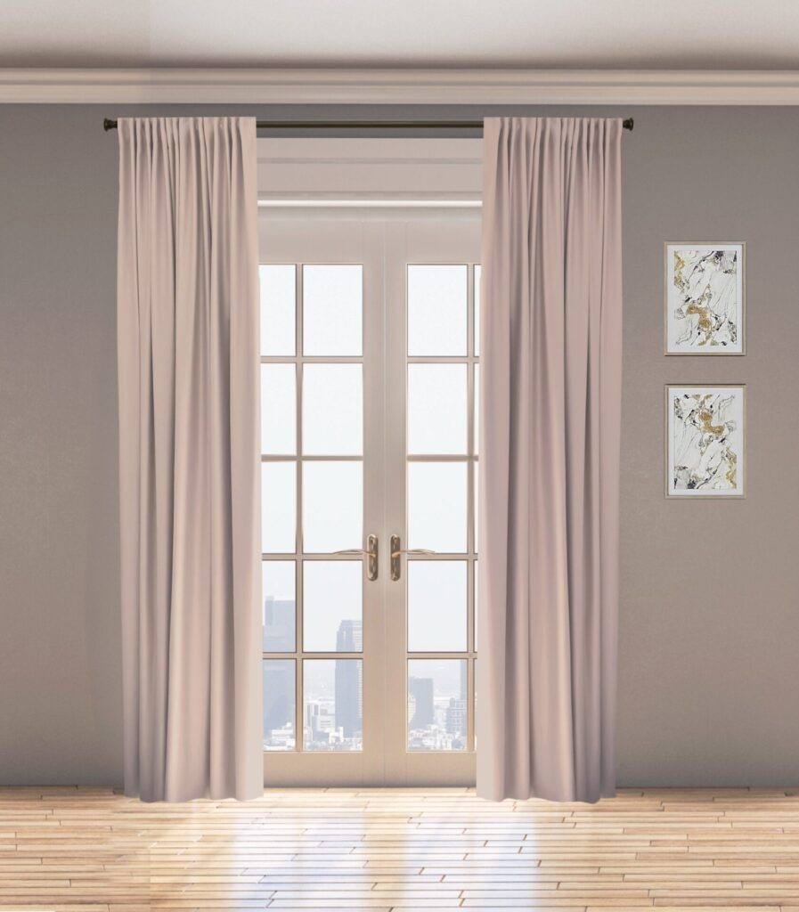 White Curtains Hang On A Rod Over Glass Double Doors In A Room With Light Wooden Floors And Two Abstract Paintings On The Wall. Cityscape Visible Through The Doors.